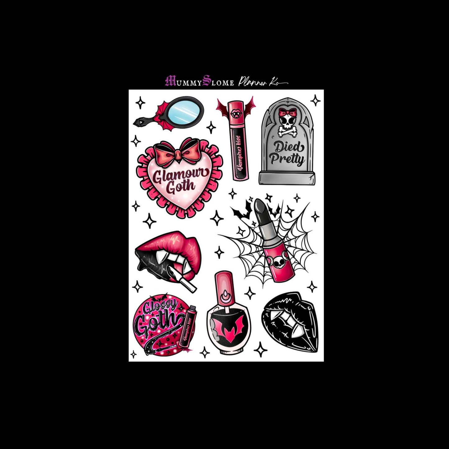 🖤💀✨ Glamour Goth Planner Sticker Kit! 🕸️🖤💋 Sheet 1