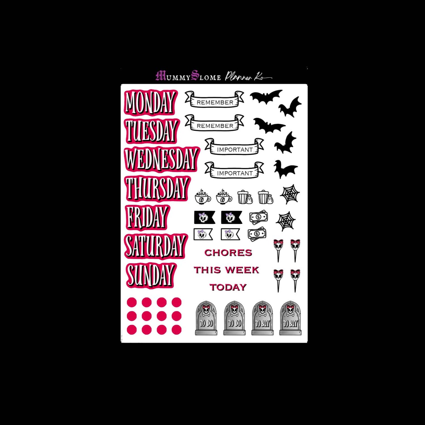 🖤💀✨ Glamour Goth Planner Sticker Kit! 🕸️🖤💋 Sheet 4